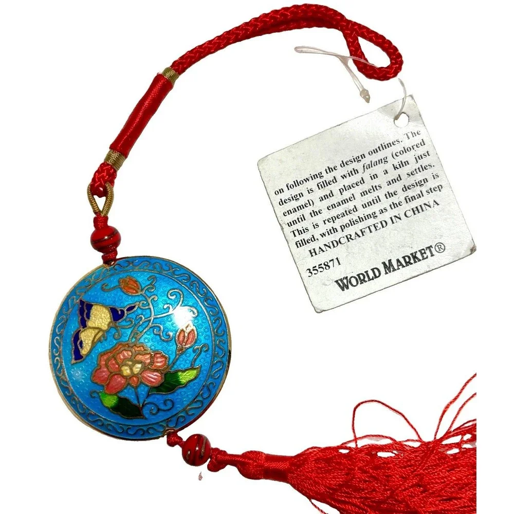 World Market Double-Sided Cloisonné Butterfly Peony Hanging Ornament Tassel Tag